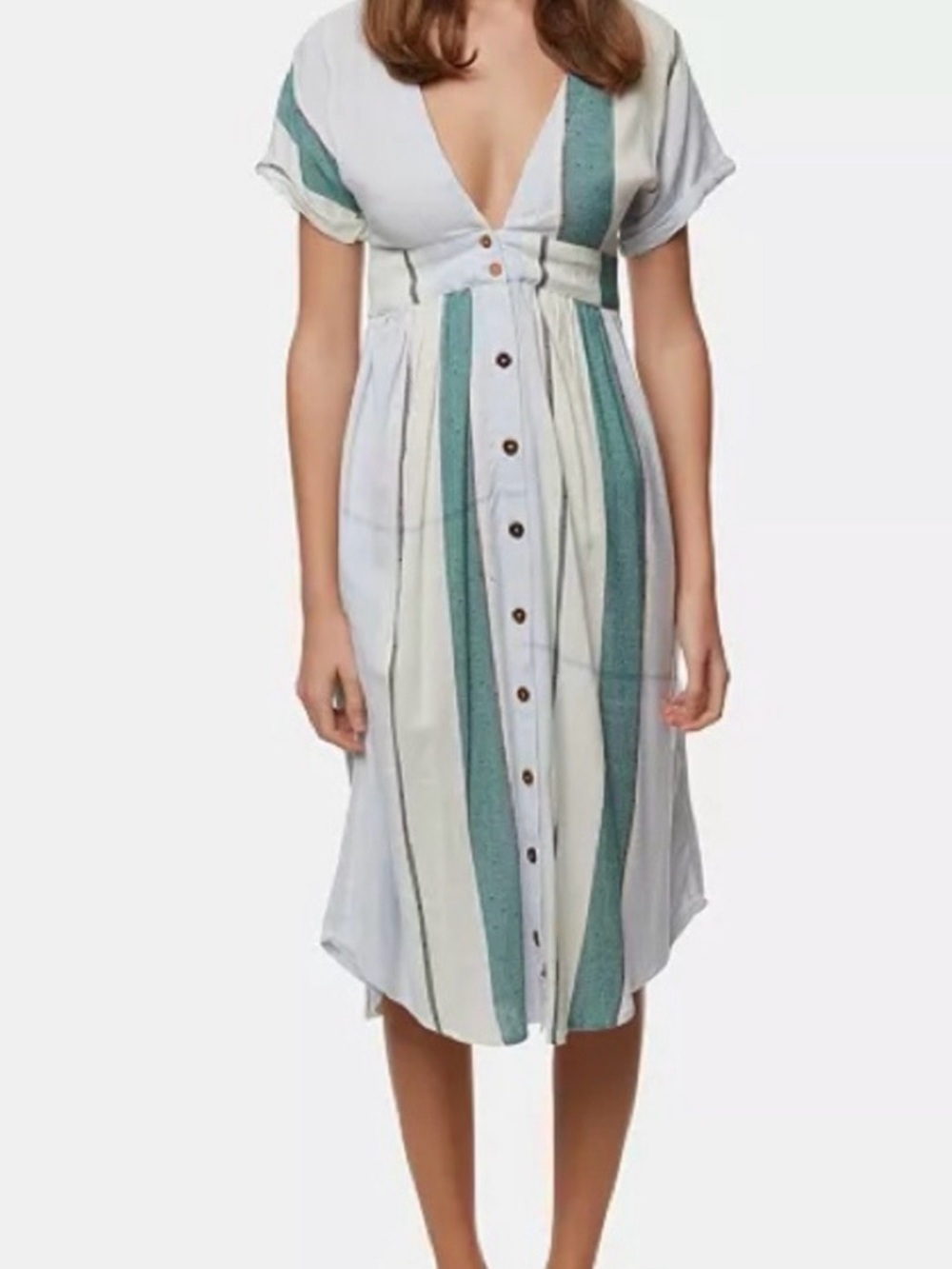 O'Neill White and Teal Striped Button-Front Midi Dress